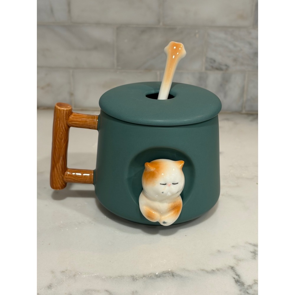 Ceramic Sleeping Cat Mug with Lid and Paw Spoon Teal 3D Kitten Coffee Cup
